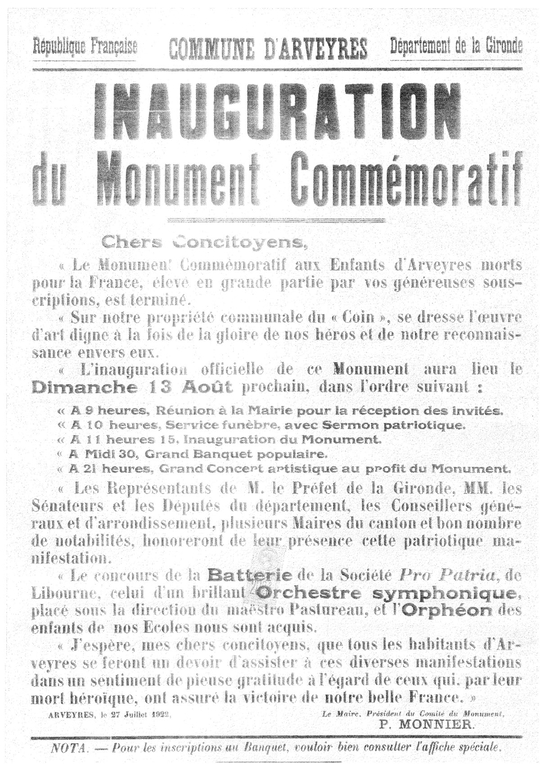 Annonce de l'inauguration du Dimanche 13 août 1922 